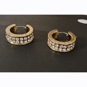 Guess Double Row Crystal Gold Huggie Earrings